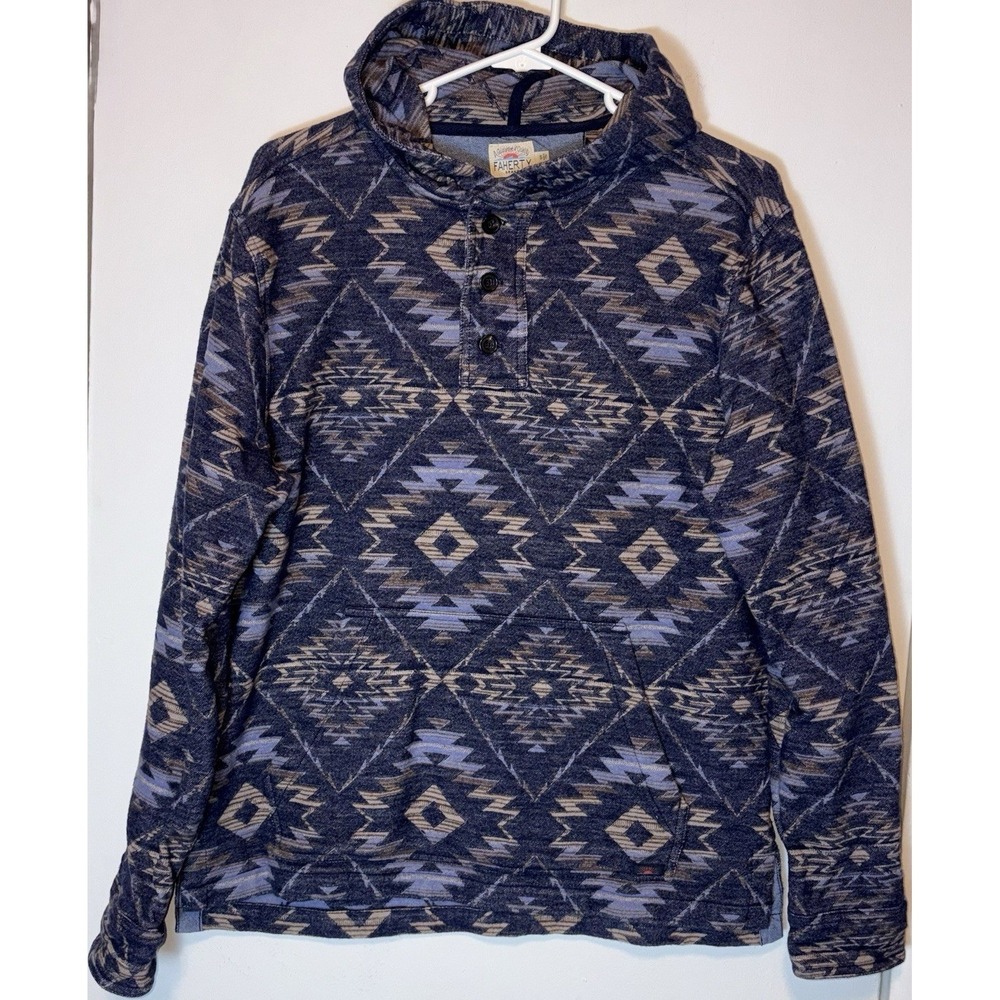 Faherty Jacquard Blanket Hoodie S Blue Brown Southwestern Evening Ridge Pullover